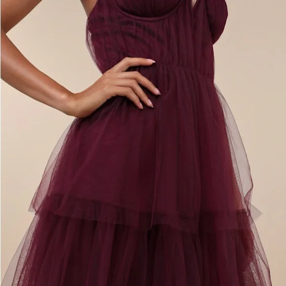 Lulus Unforgettable Poise Tulle Bustier Tiered Maxi Dress, Plum Purple, XS, NWT - Picture 4 of 15
